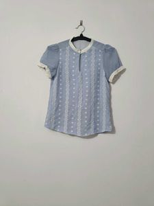 Vintage Pastel Blue Embroidered Blouse