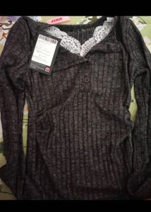 Ribbed Knit Top with Lace Trim