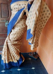 Cream Cotton Saree With Blouse