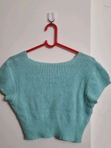 Blue Knit Button-Up Crop Top
