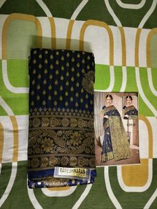 unused Elegant Blue &amp; Gold Banarasi Saree