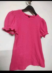 Pink Ribbed Puff Sleeve Top - Shein