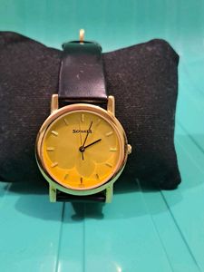 Sonata Mens Black Lather Strap Watch