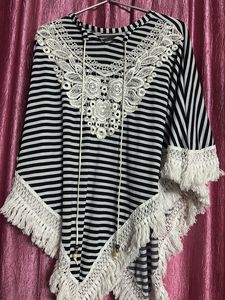 Striped Poncho with Lace Details