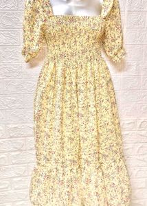 Mini Floral Print Yellow Midi Size Dress