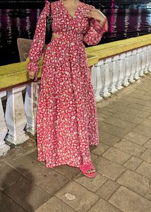 Women Red Crepe V-Neck Floral Print Maxi Dress