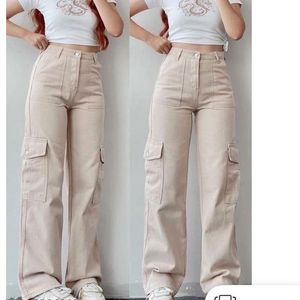 Beige Wide Leg Cargo Pants