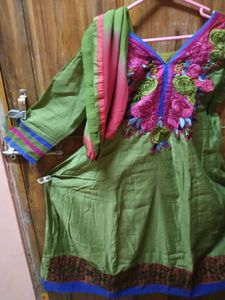 LessUsedGreen Anarkali KurtiSet - Top+Chudi+Dupatt
