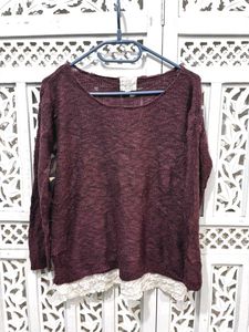 🎀Burgundy Knit Sweater w/ Lace Trim E