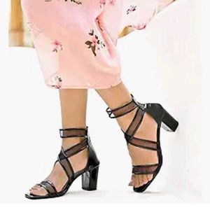 Black Patent Mesh Heel Sandals