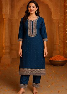 Navy Embroidered Kurti Set