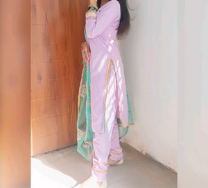 Lavender Suit With Pyjama And Embroidered Dupatta.