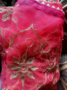 New golden work pink dupatta for women