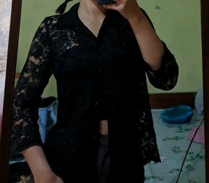 Black Lace Button Up Top