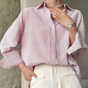 Fancy Striped Long Sleeeve Collar Pink Women Shirt