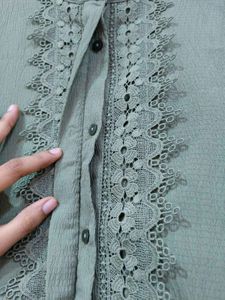 Olive Green Shirt-Style Top with Lace &amp; BellSleves