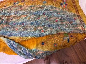 Beaded Dual-tone Saree In Mustard And Teal