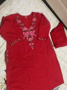 Red Embroidered Aline Kurta Set with plazzo