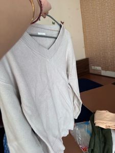 Beige V-Neck Knit Sweater