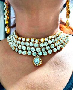 Gold Heavy Stones Necklace Set With Earrings