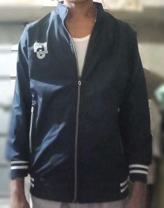 Navy Zip-Up Jacket with Striped Cuffs