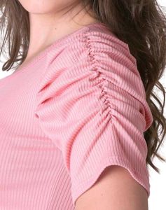 Pink Ribbed Fitted Ruched Sleeve Top