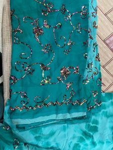 Teal Sequin Fabric Saree With Blouse