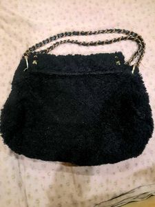 Fuzzy Navy &amp; Gold Studded Shoulder Bag