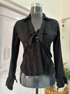 Black Tie-Front Blouse