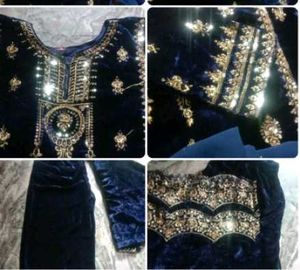 Elegant Navy Velvet Embroidered Salwar Kameez