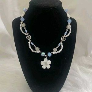 Blue Beaded Flower Necklace