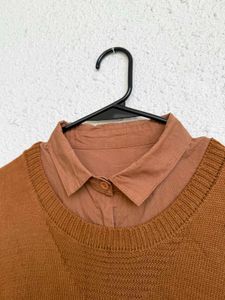 Brown Knit Sweater with Collar
