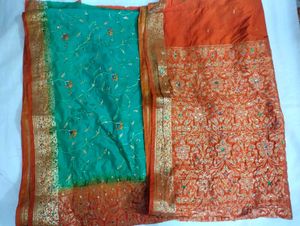 Silk Blend Saree - Teal &amp; Orange