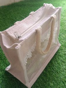 Burlap Tote Bag with Lace Detail
