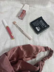 Lipgloss, brow palette, lipsticks, headband