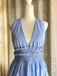 Blue Striped Halter Poplin Mini Dress