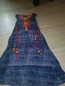 A-line Long Embroidered Kurta With Pompom Latkn