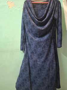 Patterned Blue Short  Dress With Frill