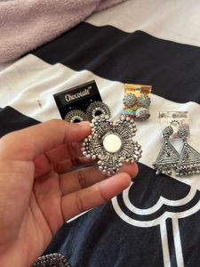 Earrings And One Finger Oxidised Ring