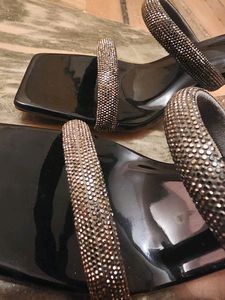 Black Rhinestone Slip-on Heels