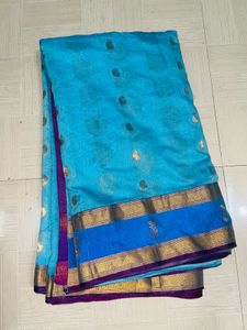 Elegant Blue Silk Saree with Pink Border