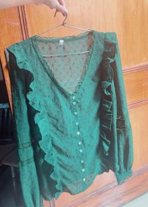 Self Design Green Ruffle Top