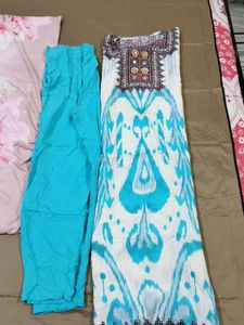 Teal &amp; White Printed Kaftan Suit Set