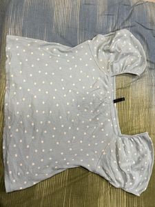 Cute Polka Dot Ribbed Blue Top