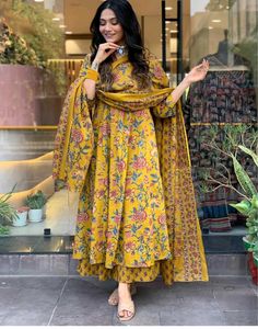 Jaipuri Flower Print Cotton Anarkali Suit