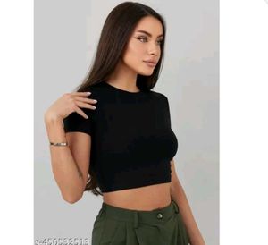 Fit-Solid Black Short Sleeve Crop Top Crew Neck T-
