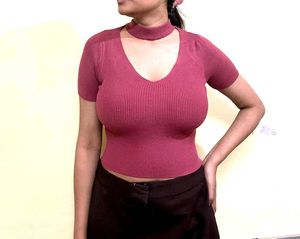 Women Burgundy V Neck Crop Top Sweater