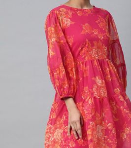 Vibrant Floral Pink Dress with Puff Sleeves