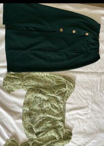 Green Printed Crop Top And A-line Skirt