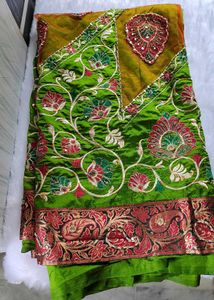 Green Embroidered Saree With Stiched Blouse